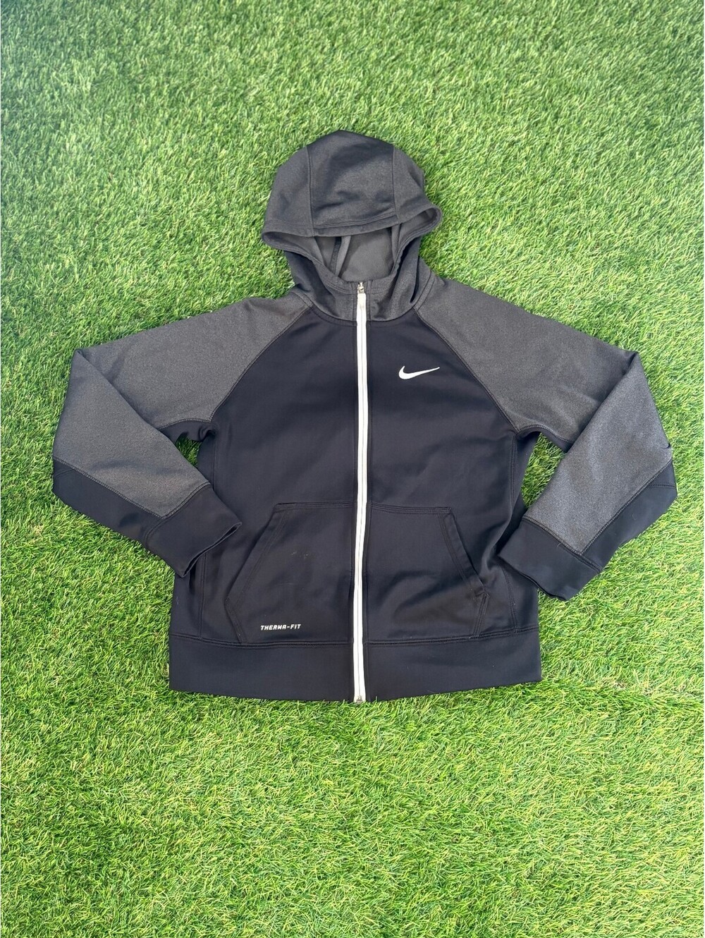 Vintage Nike Therma-Fit Black and Gray Hoodie, Men's L